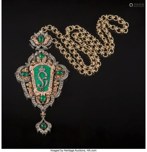 A 14K Gold, Silver, and Emerald Pendant on Chain