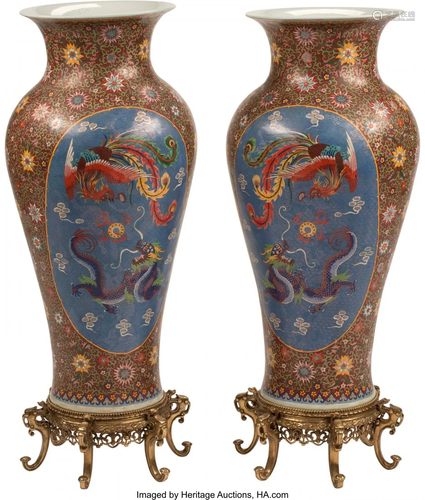 A Pair of Large Chinese Cloisonné over Porcelai