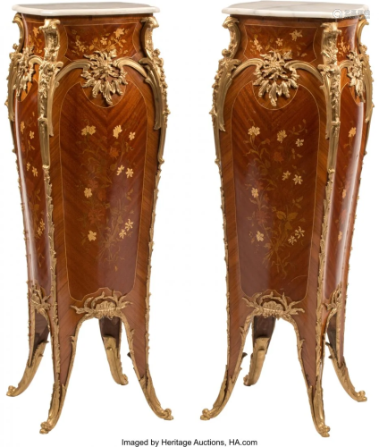 A Pair of French Louis XV-Style Marquetry Inlaid