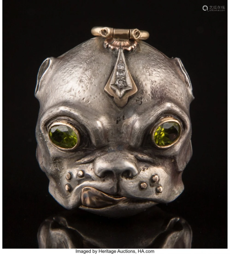 A 14K Gold, Silver, and Gem-Set Bulldog Pendant