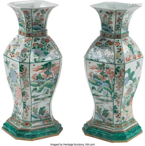 A Pair of Chinese Famille Verte Hexagonal Vases