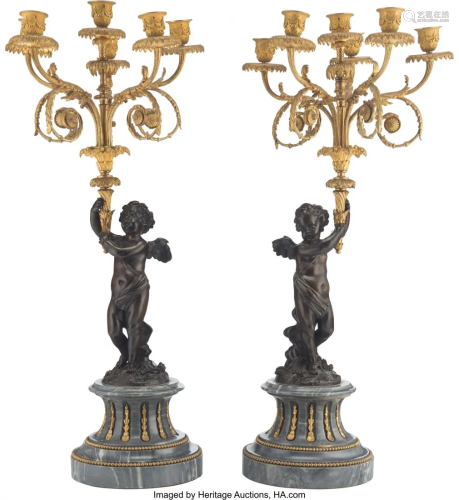 A Pair of Patinated and Bronze Figural Candelabr