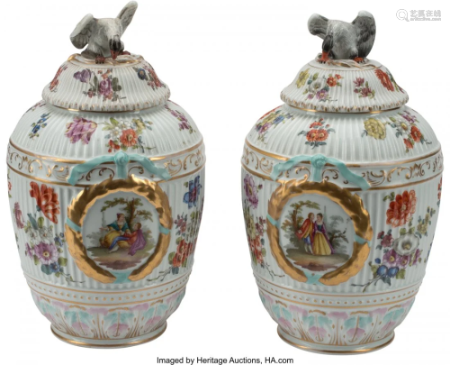 A Pair of German Porcelain Covered Urns Marks