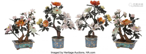 Two Pairs of Chinese Jade Trees on Cloisonné Ba