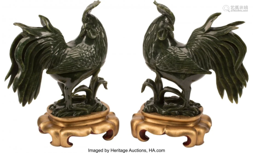A Pair of Chinese Carved Spinach Jade Rooster-Fo