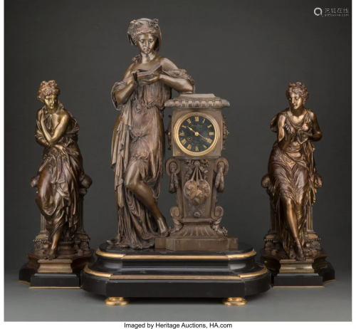A Three-Piece Patinated Bronze Clock Garniture a
