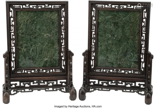 A Pair of Chinese Carved Spinach Jade Table Scre