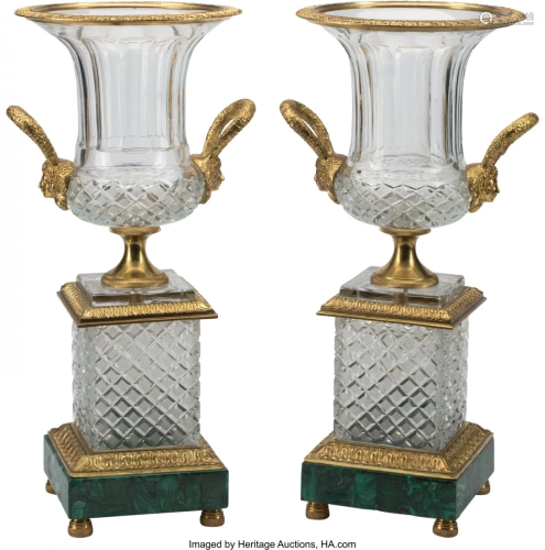A Pair of Baccarat-Style Cut Glass Urns with Gil
