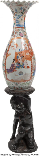 A Japanese Kutani Vase with Figural Carved Wood