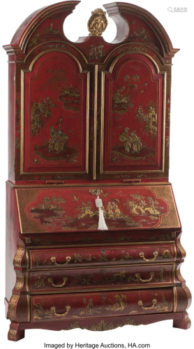 A Continental Red Lacquer Bookcase Cabinet in Tw