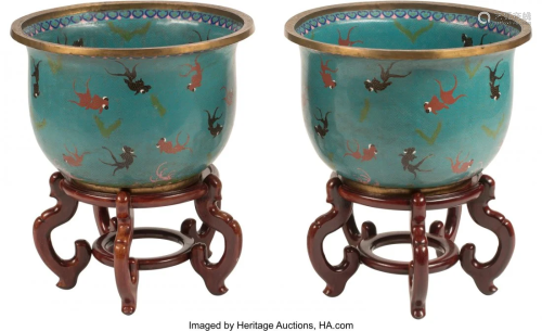 A Pair of Chinese Cloisonné Planters on Wooden