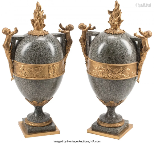 A Pair of Large Granite Cassolettes with Gilt Br