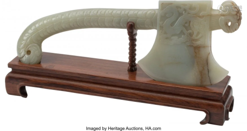 A Chinese Carved Jadeite Axe on Wood Base 5-3/4