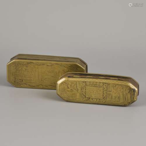 A lot with (2) engraved copper tobacco boxes, ca. 1800 and l...