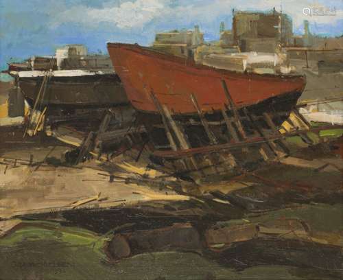 Jan Michielsen (Breda 1939 – 2010), A slipway with ships hul...