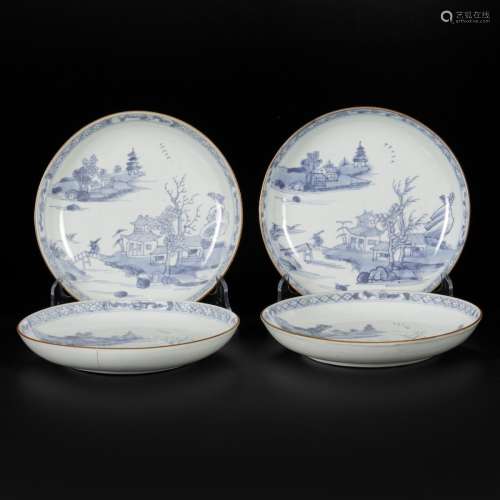 A set of (4) porcelain plates with landscape decor, China, Q...