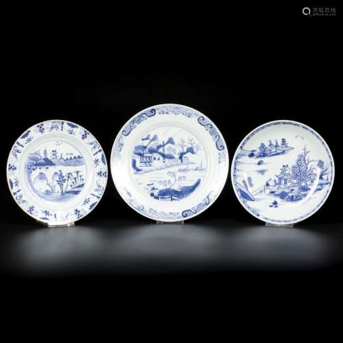 A lot comprising (3) porcelain plates with river/pagoda deco...