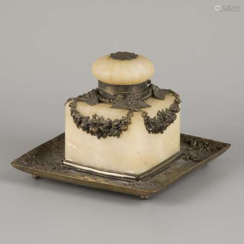An alabaster inkwell with glass insert, France, late 19th ce...