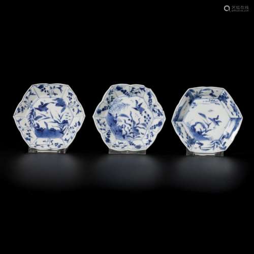 A set of (3) porcelain angled plates with bird decoration, C...