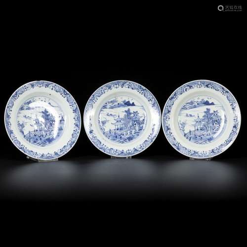 A set of (3) porcelain deep plates with pagoda/river decor, ...