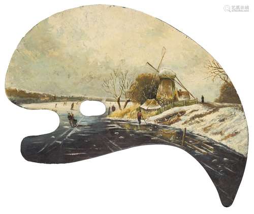 A painter's palette with painting of a Dutch winter landscap...