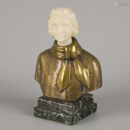 A cast bronze bust of a youth, the head of sculpted marble.