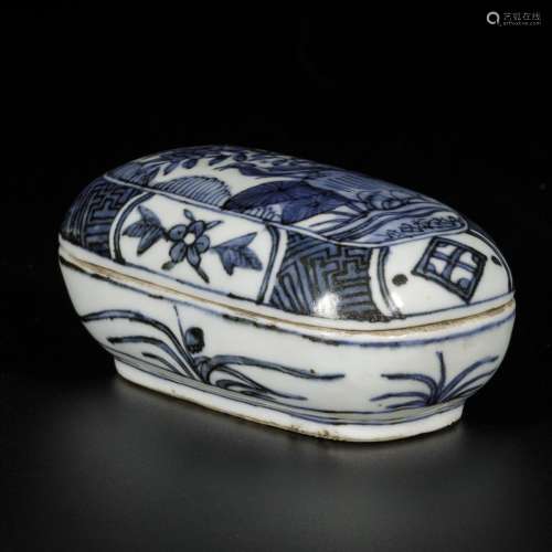 A porcelain lidded box with decor of a bird in a landscape, ...