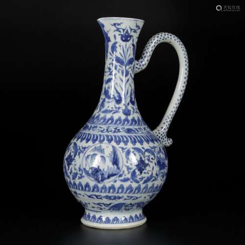 A porcelain blue-white pouring jug with floral decorations a...