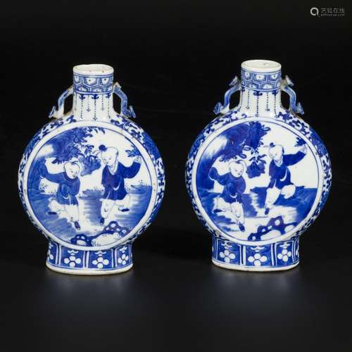 A set of (2) porcelain moonbottles decorated with playing 