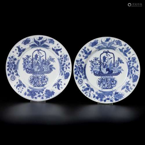 A set of (2) porcelain dishes with handle basket decor, Chin...