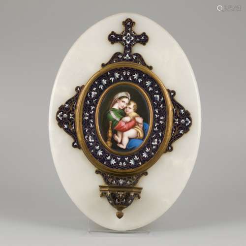 A holy water font with a 'Limoges'-enamel decoration after R...