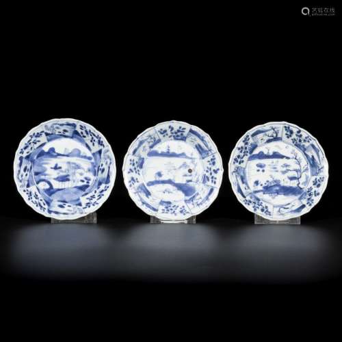 A lot comprising (3) porcelain plates with decor of river la...