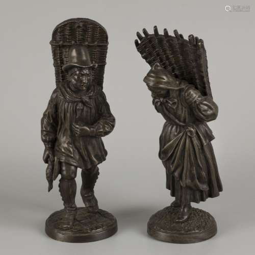 A set of (2) bronze statuettes of a duck merchant and a wood...
