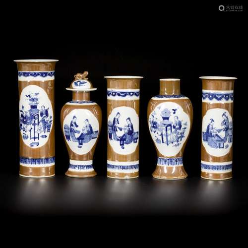 A porcelain garniture set with café-au-lait fond and decorat...