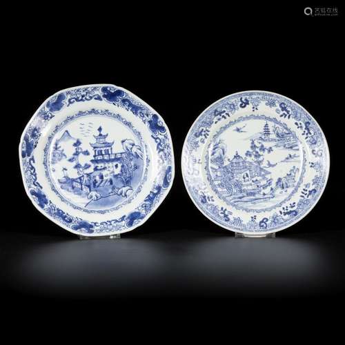 A lot comprised of (2) porcelain plates with river/pagoda de...