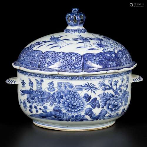 A porcelain tureen with cover, with floral and figure decora...