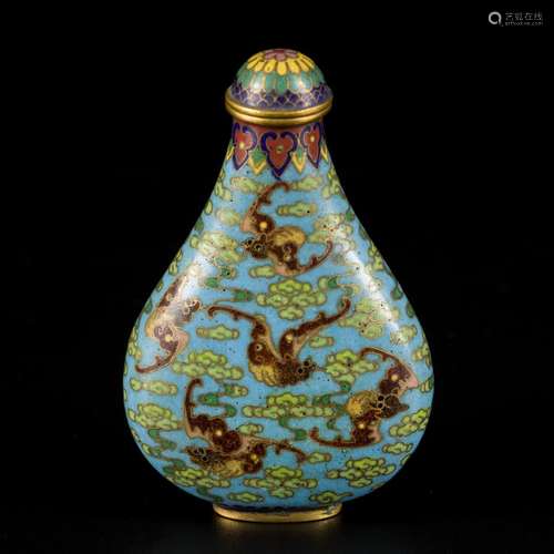 A cloisonne snuff bottle decorated with bats and clouds, mar...