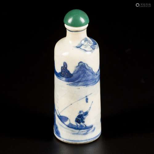 A softpaste snuff bottle with decor of scholar in a landscap...