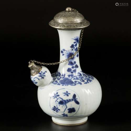 A porcelain kendi with white metal spout and lid, China, 18t...