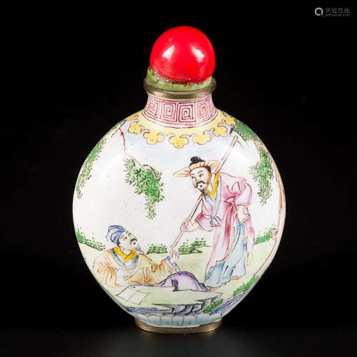 An enamel snuff bottle decorated with figures in a landscape...