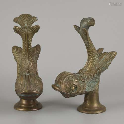 A set of (2) bronze water faucets in the shape of fish, Fran...