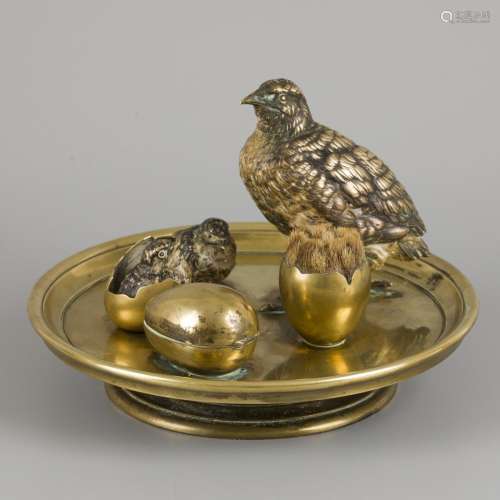 An inkwell shaped as a birds' nest with quails, Austria(?), ...