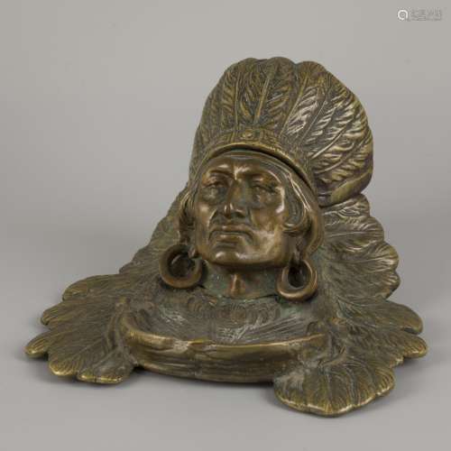 A bronze inkwell in the shape of an Indian chief head, Unite...