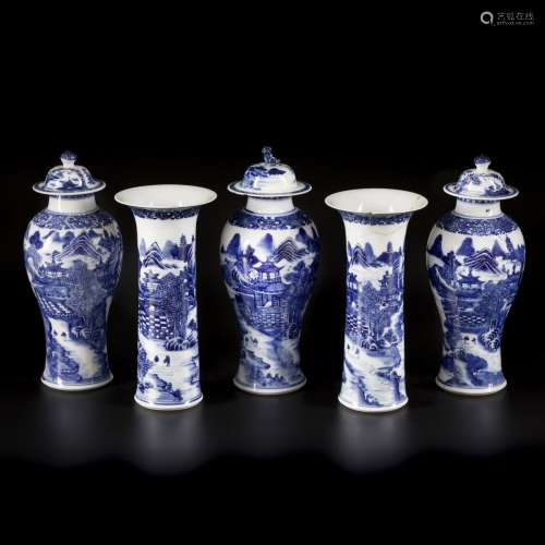 A (5)-piece porcelain garniture set with river and pagoda de...