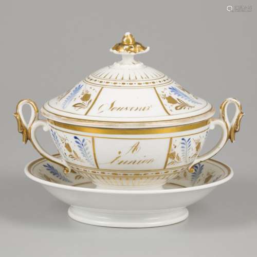 A porcelain lidded terinne with saucer, France, 19th century...
