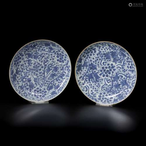 A set of (2) deep porcelain plates with grape decor, China, ...