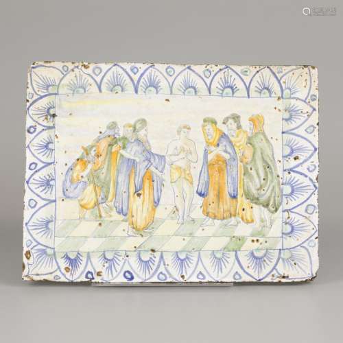 A polychromed glazed earthenware tile with Biblical scene, P...