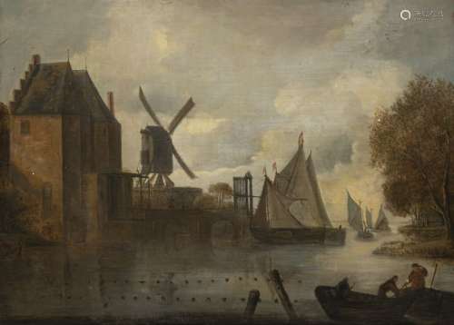 Dutch , School 17th. C. . Fishermen in a moat near a fortifi...
