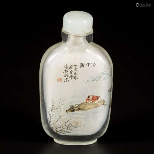 A glass snuff bottle decorated with an oss and figures, poem...