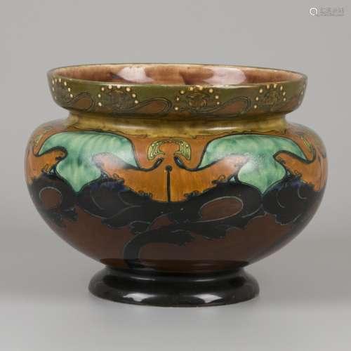 A earthenware cachepot with polychrome decoration, Rozenburg...